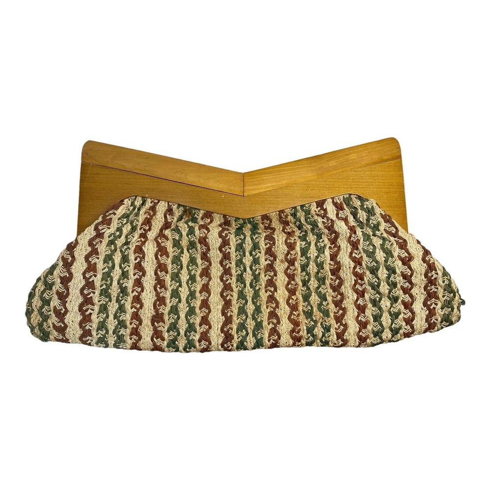 Vintage Wood Handle Clutch Boho Crochet with attached Coin Pouch